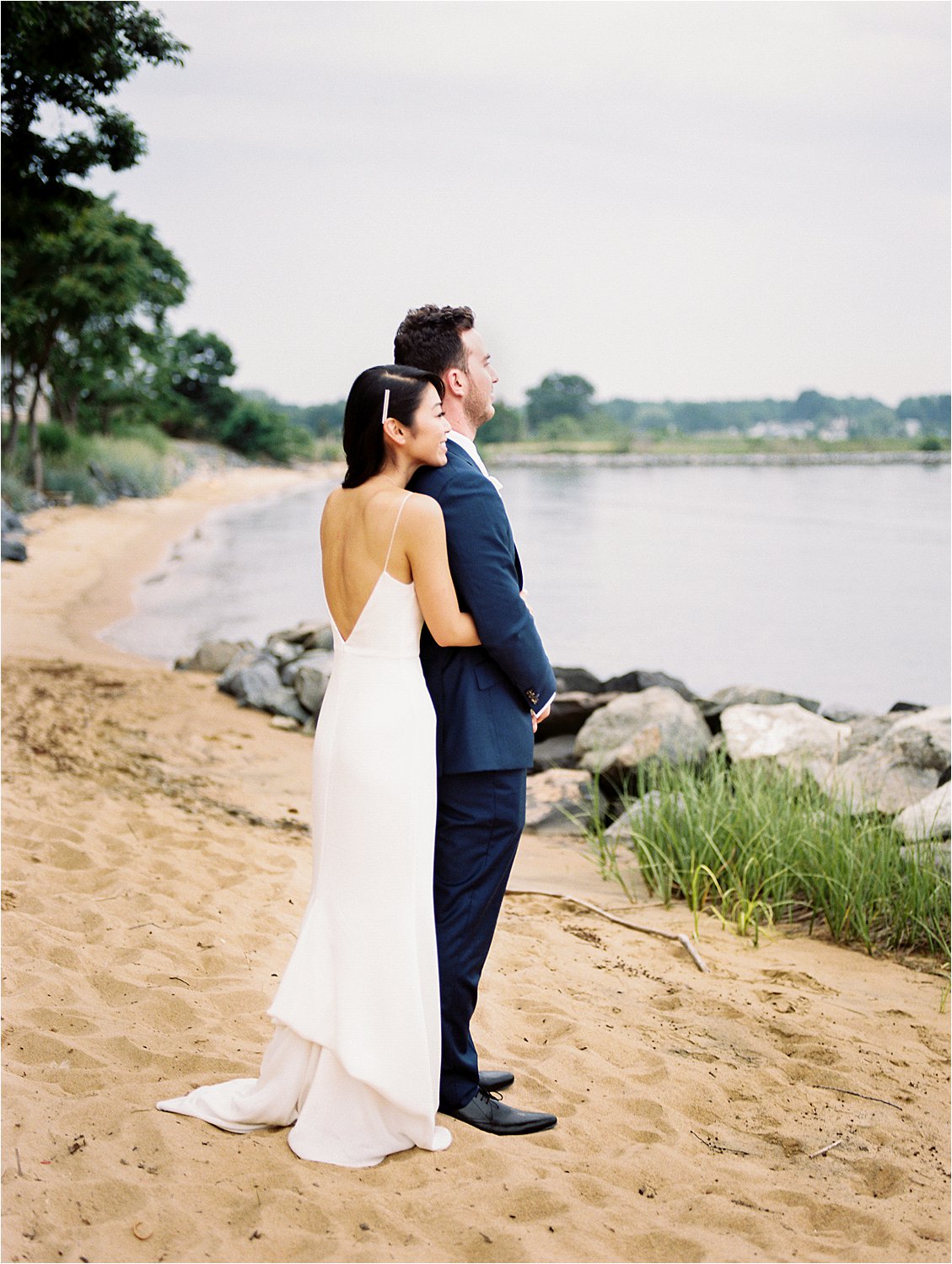 Bride & Groom Portraits at Modern Chesapeake Bay Beach Club Wedding: Cynthia + Liam by Maryland Film Wedding Photographer, Renee Hollingshead with Michael Design Florist, Kate Face Beauty, PSC Hair Artistry, Alexandra Grecco, Lovely Bride NYC, and more