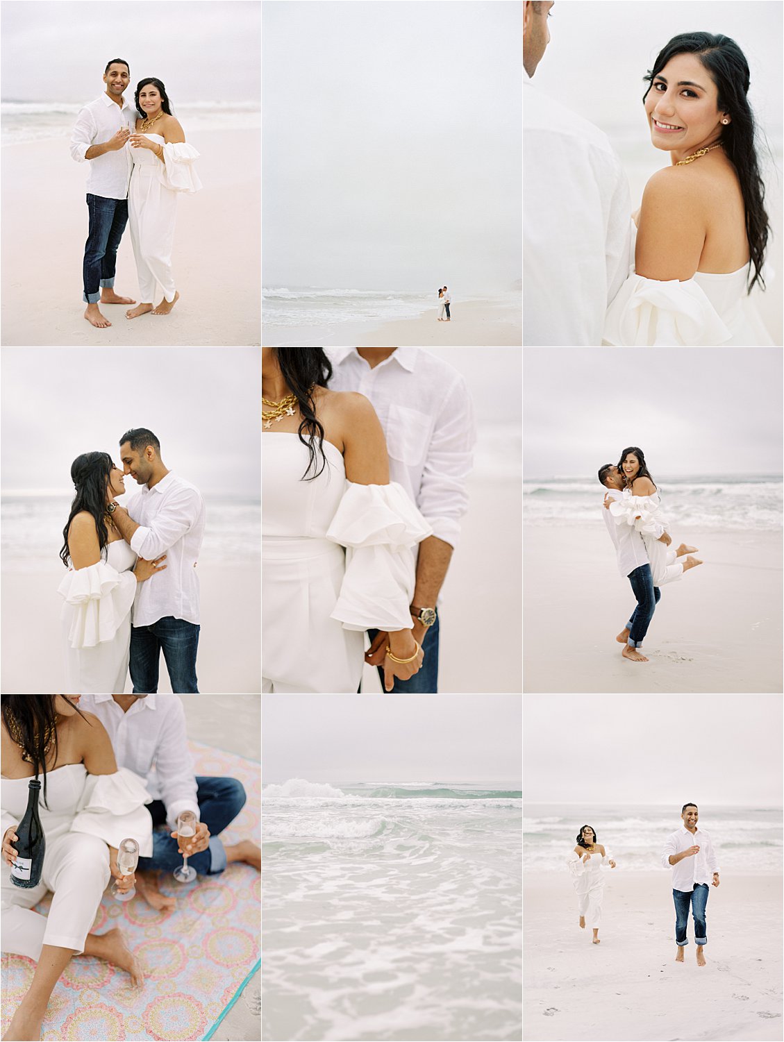 Foggy Rosemary Beach Engagement Session Preview with 30A Film Wedding and Engagement Photographer, Renee Hollingshead. South Asian Bride and Groom, Pre Wedding Shoot in Alys Beach, Florida
