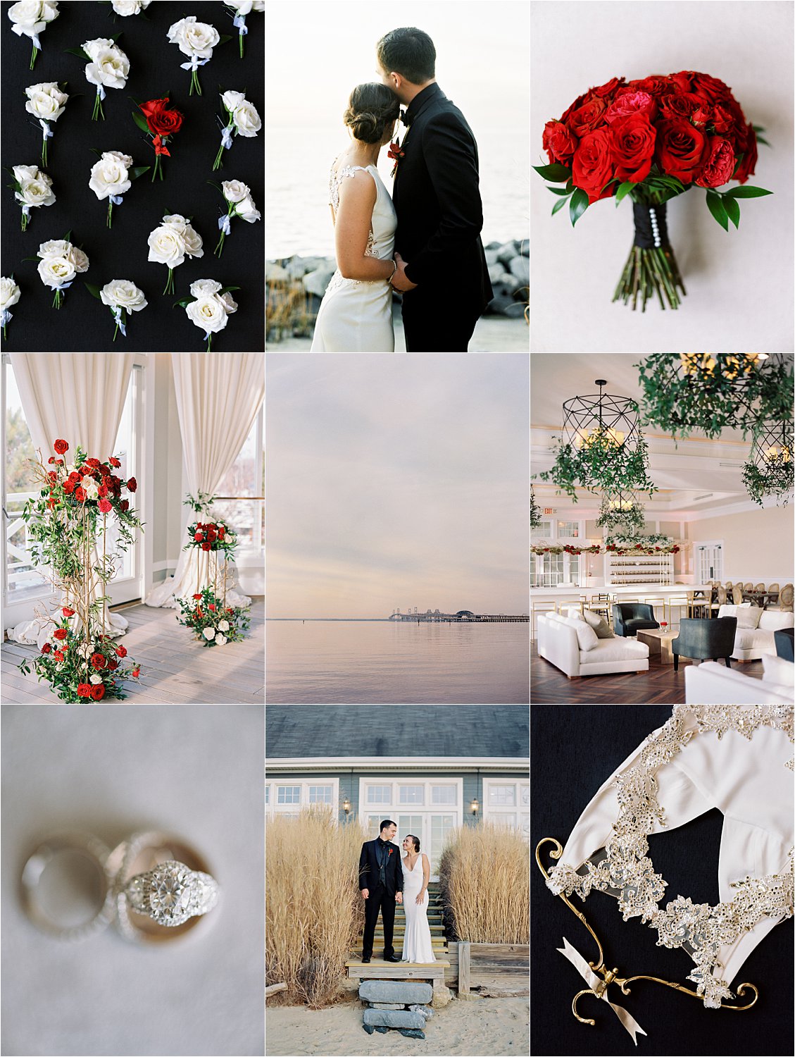 Winter Chesapeake Bay Beach Club Wedding Preview with Maryland and DC Film Wedding Photographer. Red, Black, and White Wedding
