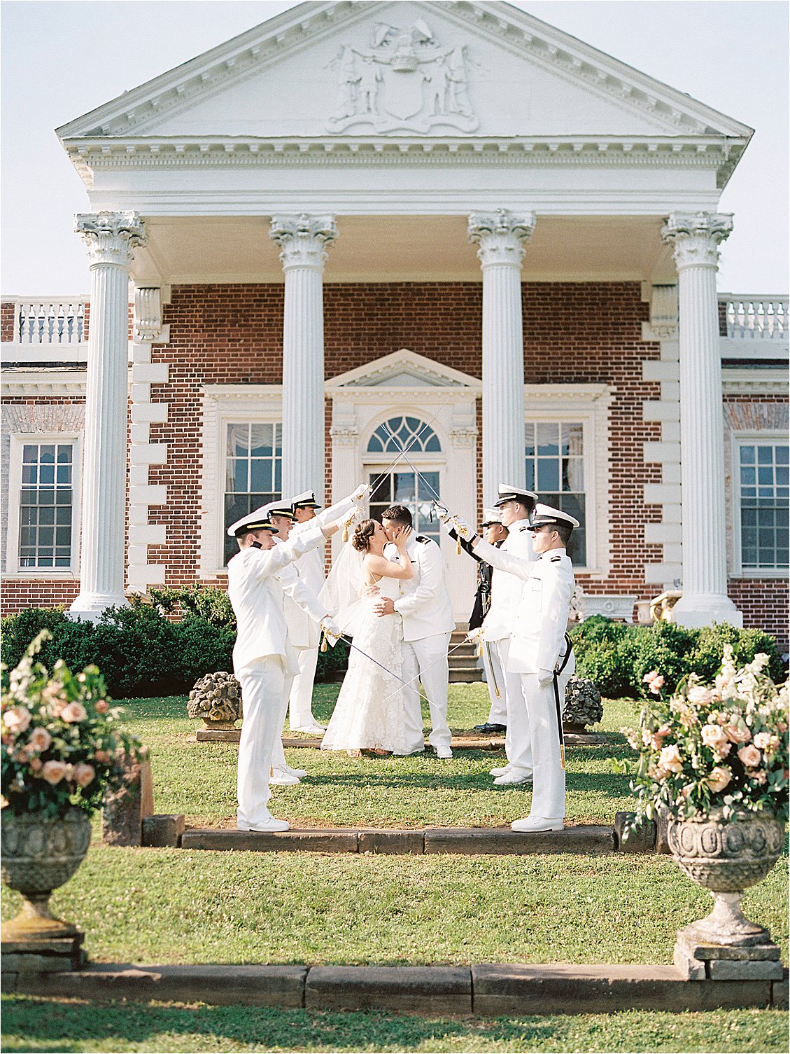 Classic Navy Sword Arch at Summer Wedding at Whitehall in Annapolis with Annapolis + Destination Film Wedding Photographer, Renee Hollingshead with Adriana Marie Events, Crimson & Clover Floral Design, White Glove Rentals, and more