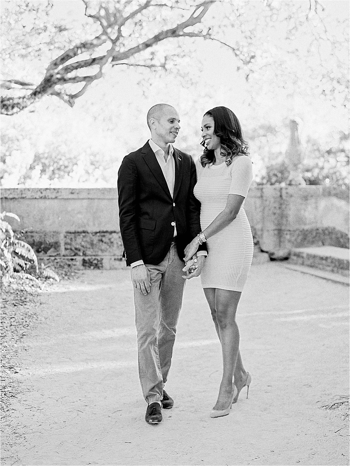 Black and White Anniversary Session at Vizcaya on Film photographed by South Florida Film Wedding Photographer, Renee Hollingshead