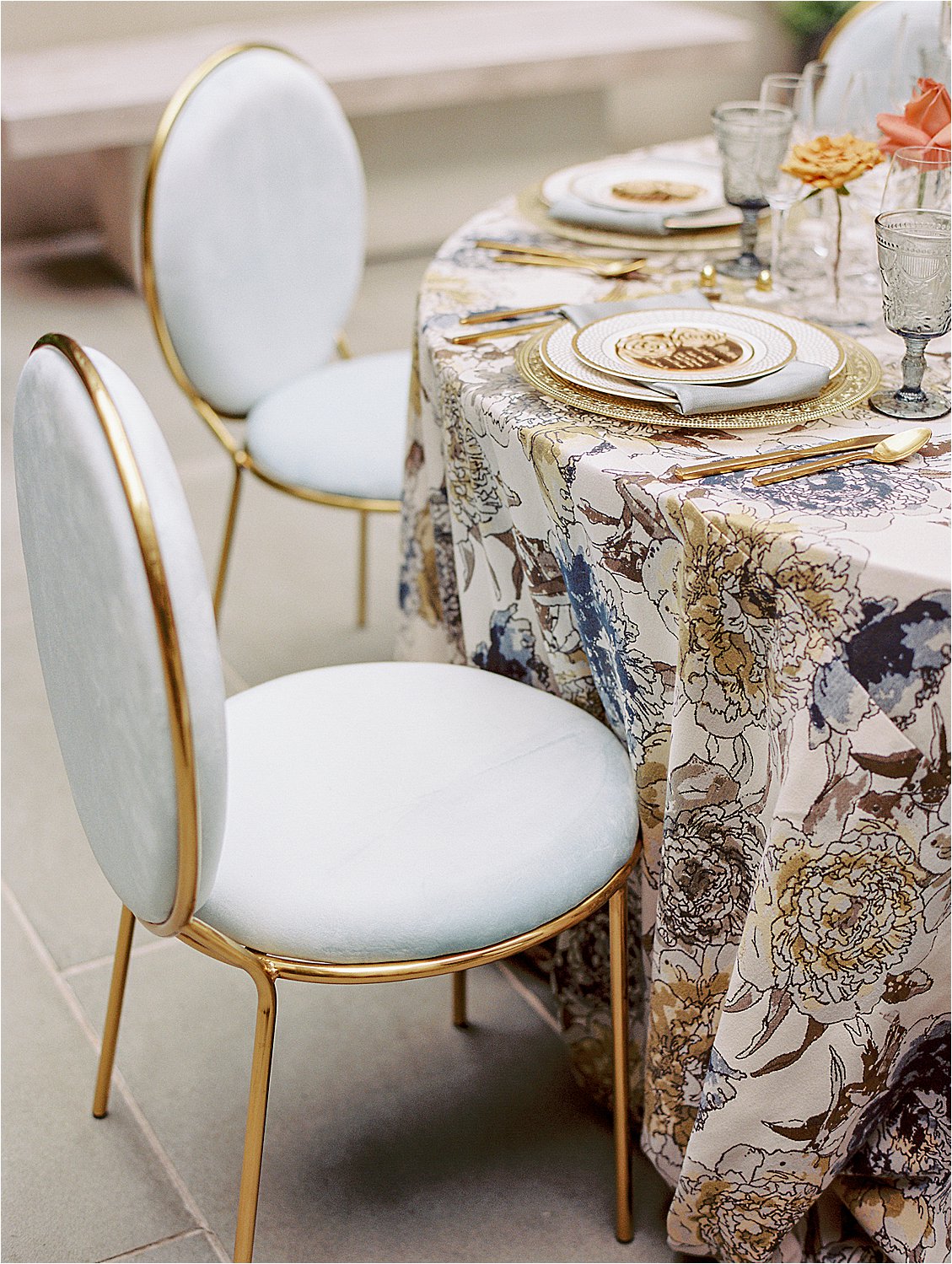 Baby blue velvet and gold chairs