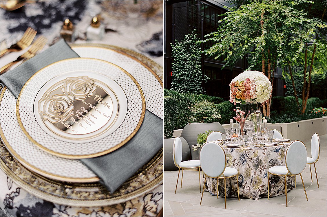 Sagamore Pendry Baltimore Intimate Wedding Inpsiration with gold and blue tablescape