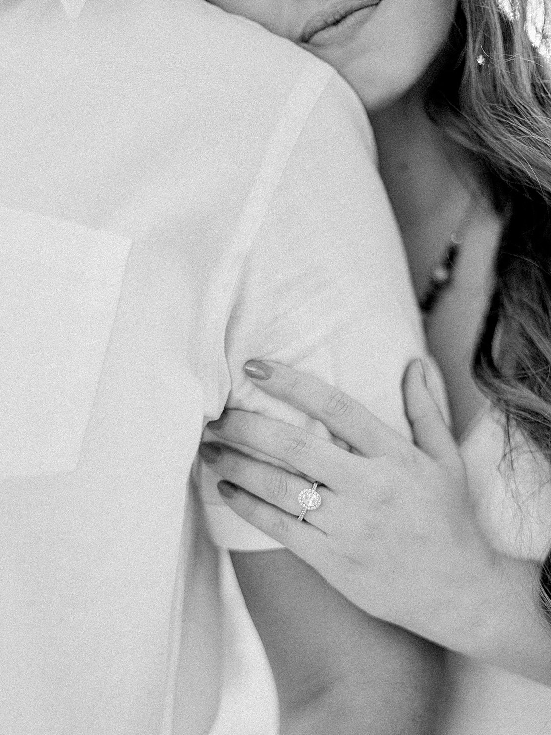 Oval Diamond Engagement Ring in Palm Beach, Florida Engagement Session with film wedding photographer, Renee Hollingshead