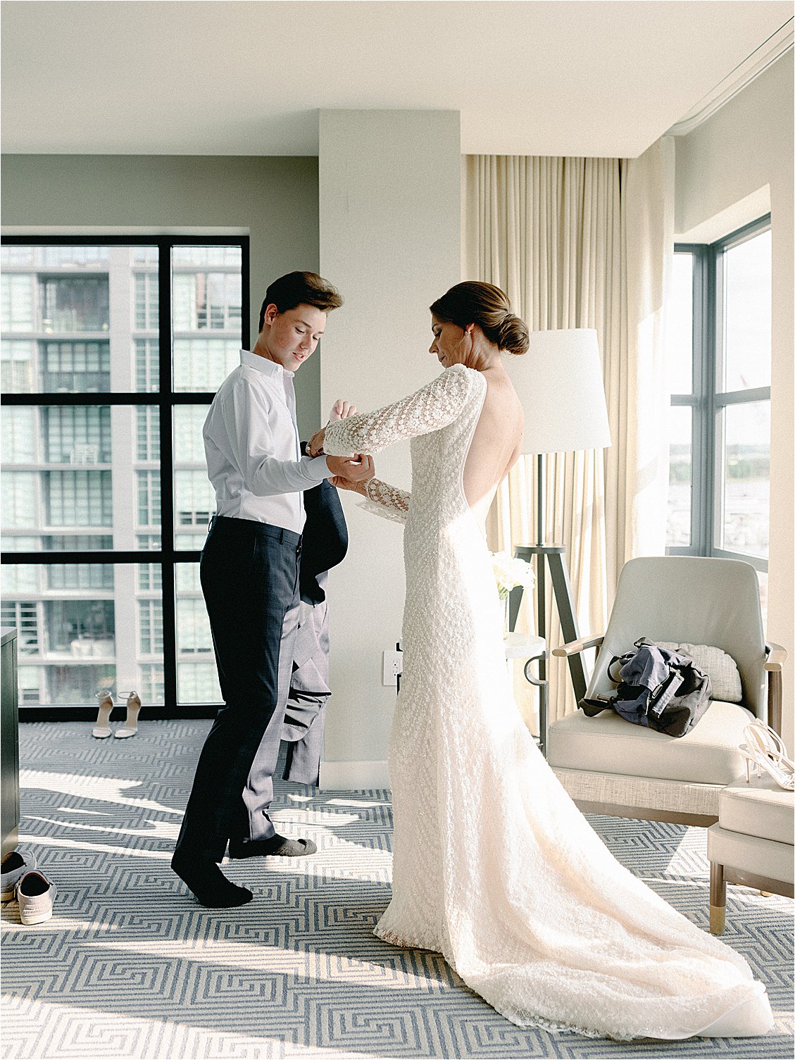 Bride and Son get ready on wedding day at Rooftop DC Wedding