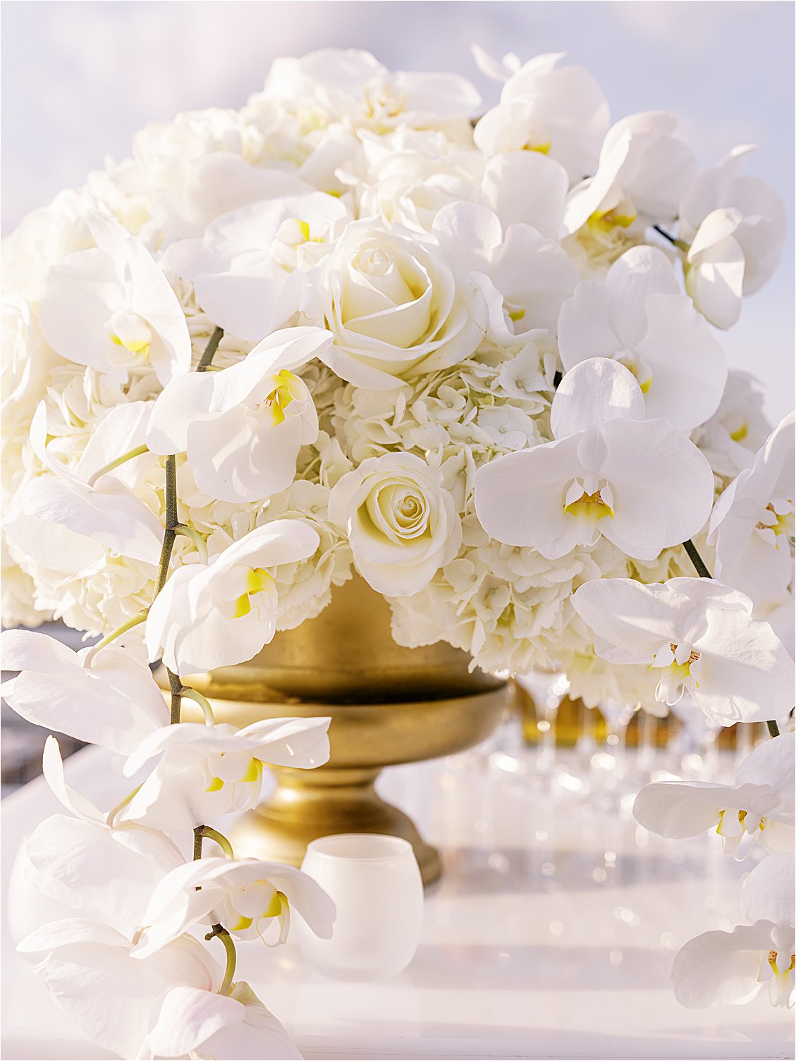 Orchid and White Rose floral arrangement at Spy Museum DC Wedding