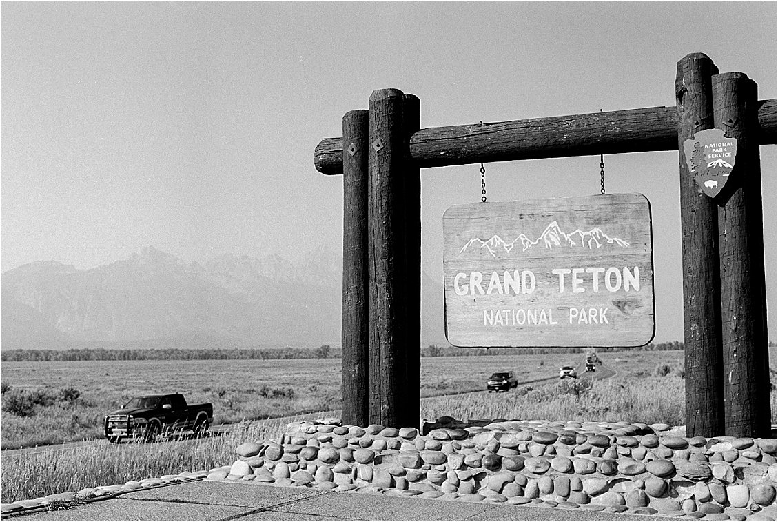 Entry sign to Grand Teton National Park in Jackson Hole Wyoming captured on Delta 3200 Film