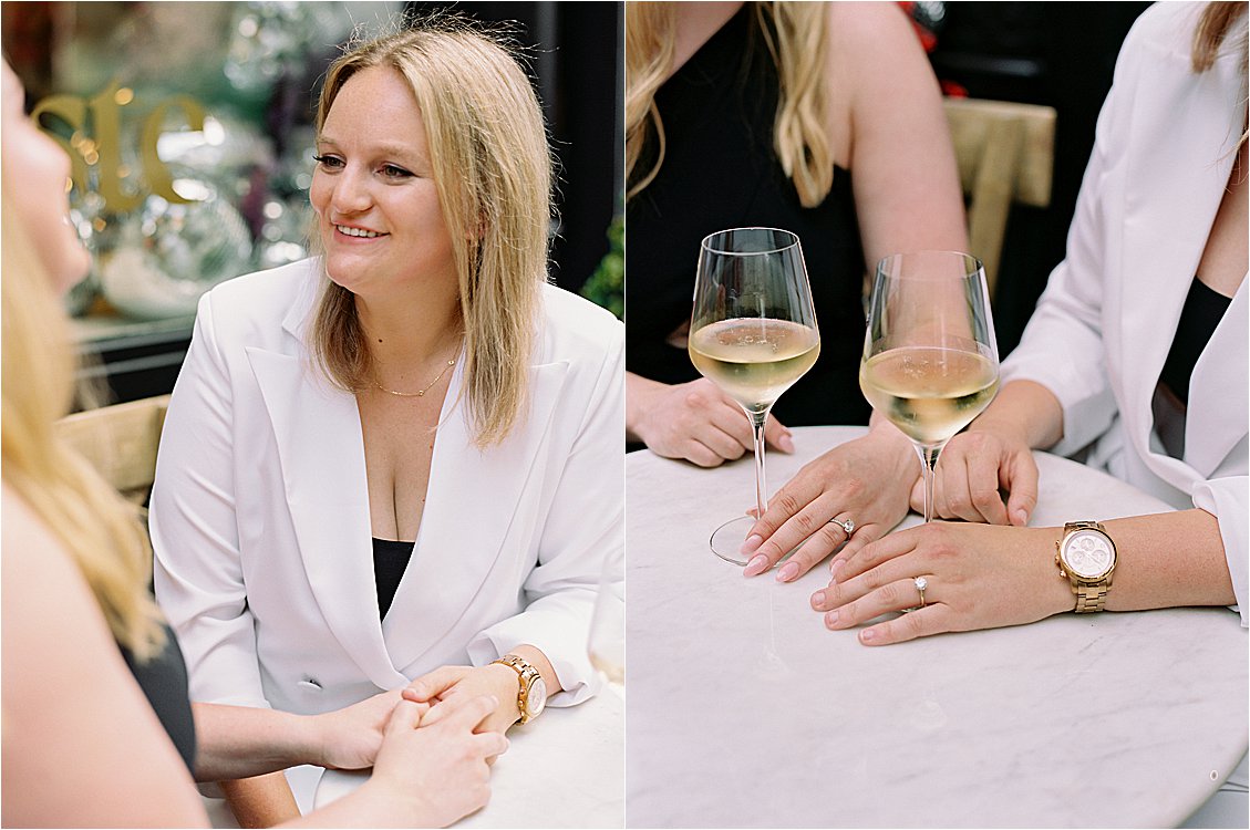 Couple stops for prosecco at local restaurant in SoHo during their engagement session