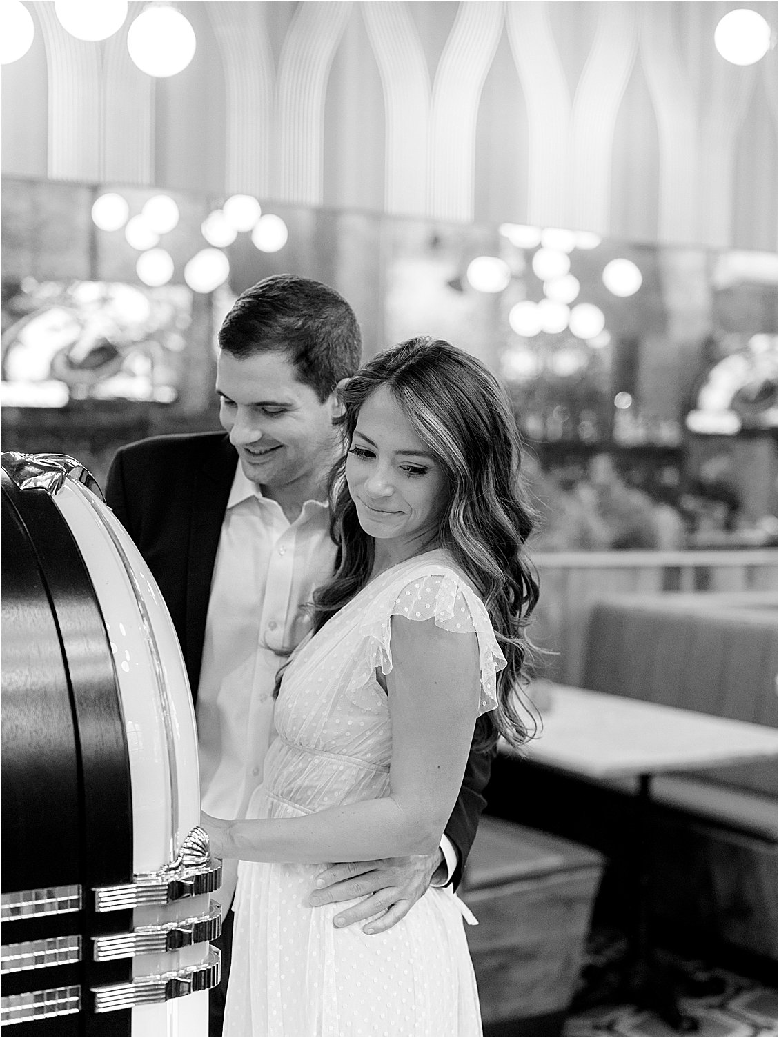 Classic Black and White Restaurant Engagement Session with a Jukebox