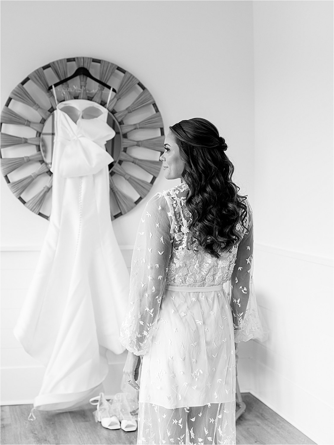 Bride in Lace Embroidered Bridal Robe at summer wedding