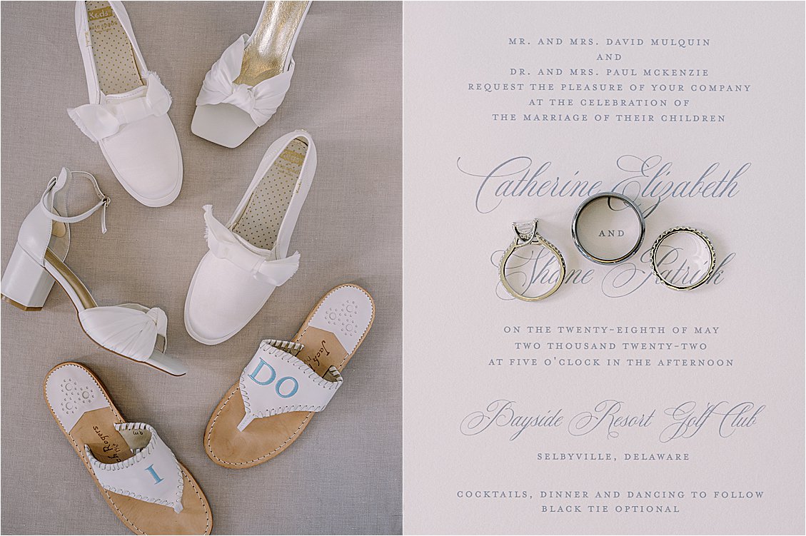 Bridal Shoes and invitation suite at blue summer wedding
