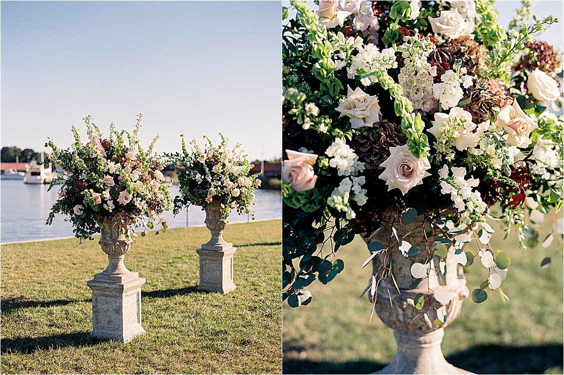 Fall florals and foliage for waterfront wedding in St. Michaels, Maryland at the Inn at Perry Cabin