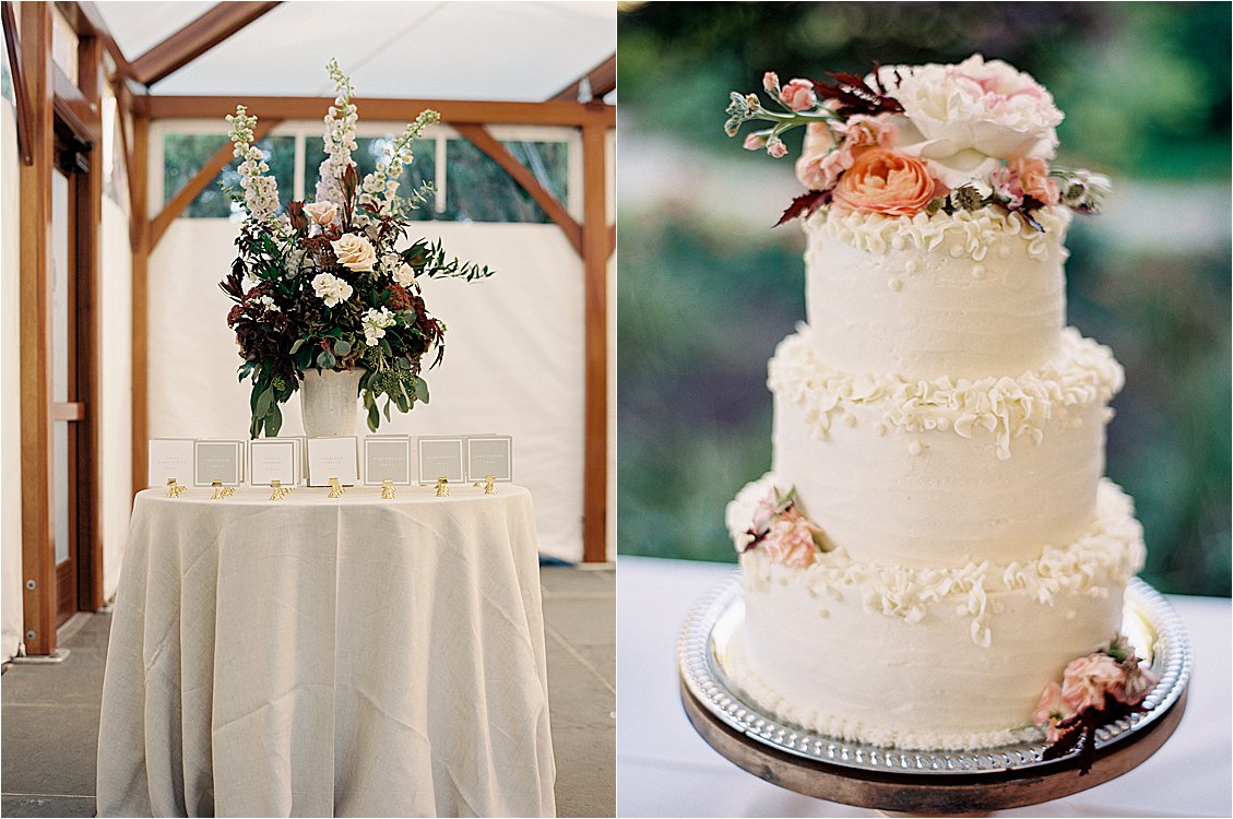 Burgundy, sage, and white wedding florals and wedding cake