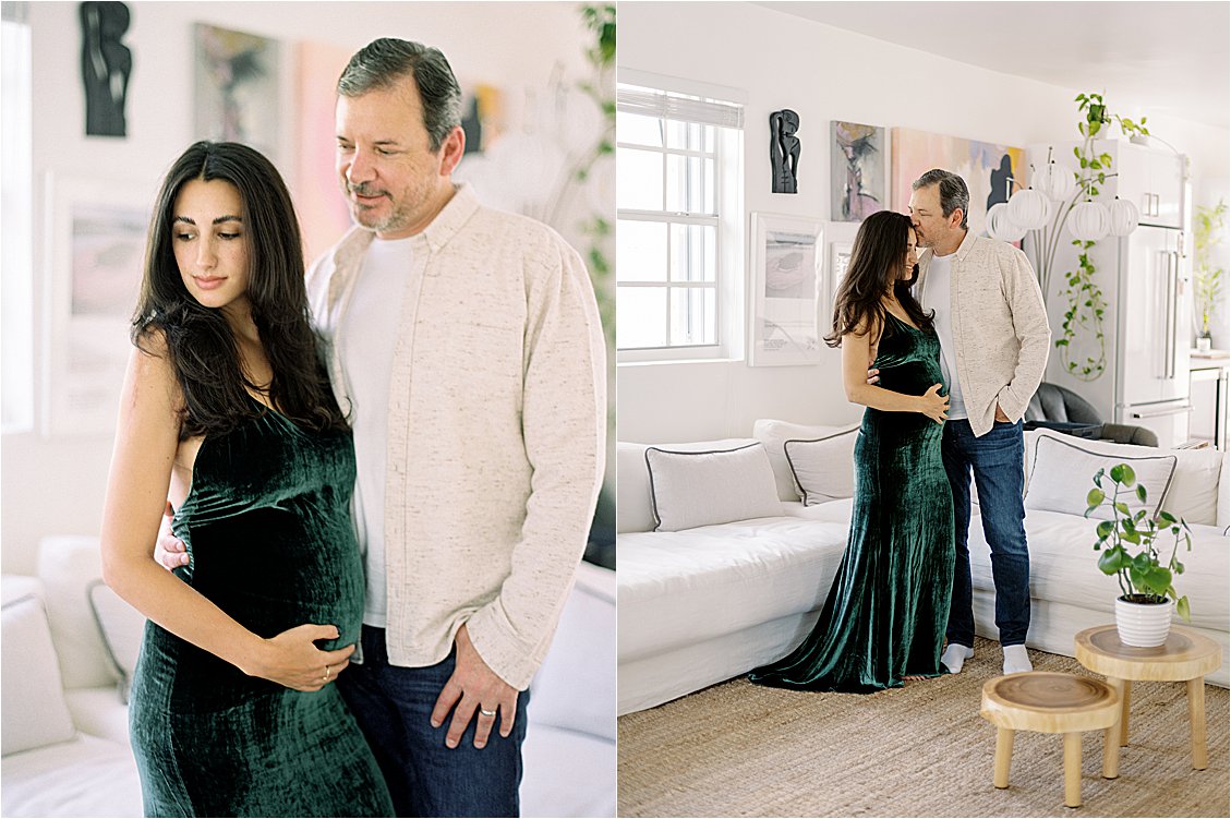 Mom and Dad-to-be pose in a living room of a trendy Miami AirBnb