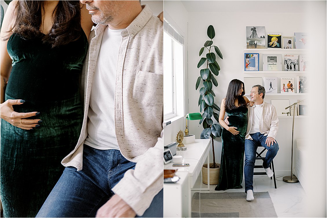 Film photo of a couple in front of a curated bookshelf of Kinfolk magazines
