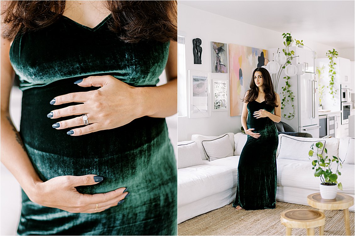 Mom-to-be in a green velvet spaghetti strapped dress during at home Miami Maternity Session with film photographer, Renee Hollingshead