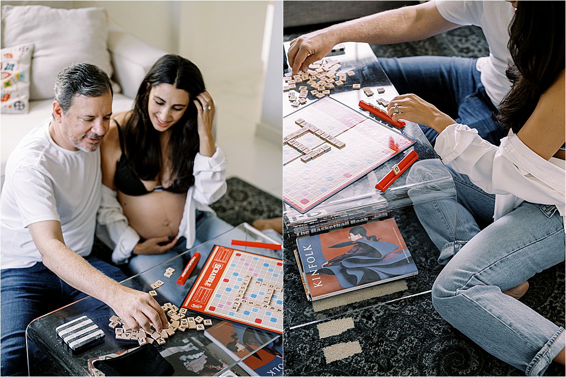 Home maternity session with Scrabble board game