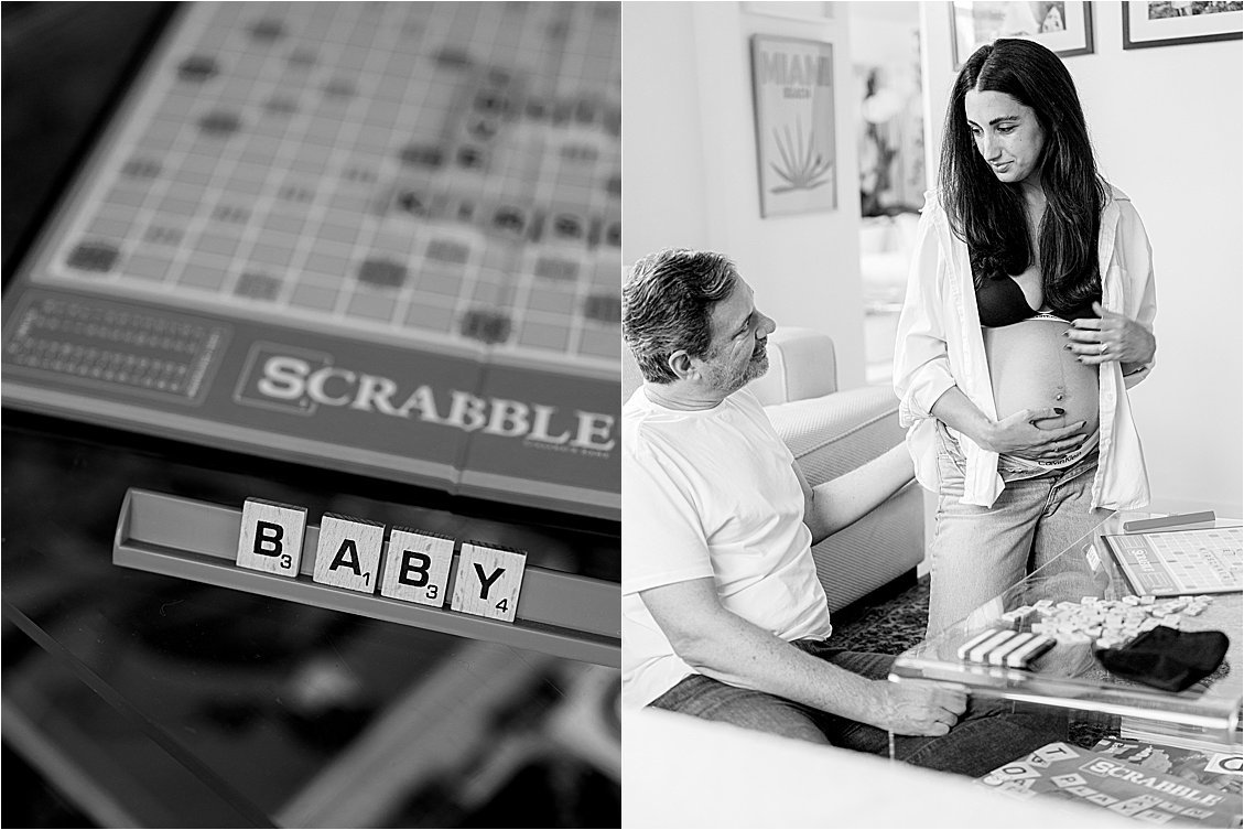 Home maternity session with Scrabble board game