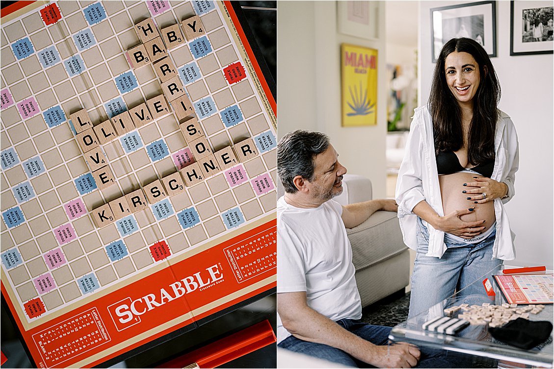 Playful home maternity session with Scrabble board game