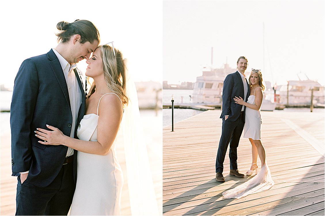 Fun Fells Point Engagement session in formalwear with film wedding photographer Renee Hollingshead and Pop the Cork Designs