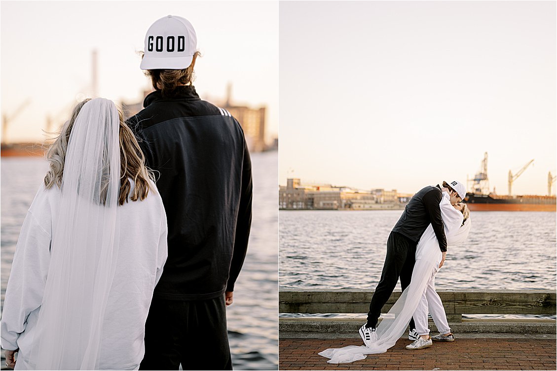 Casual engagement session in custom bride and groom sweatsuits in Baltimore
