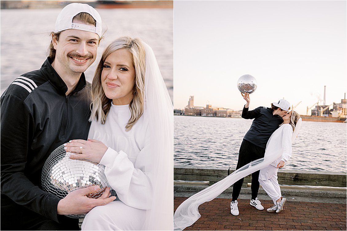 Casual engagement session with disco balls in Baltimore with film wedding photographer Renee Hollingshead