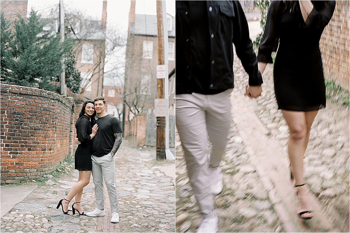 Old Town Alexandria engagement session in cobblestone alley with DC Film Wedding Photographer Renee Hollingshead