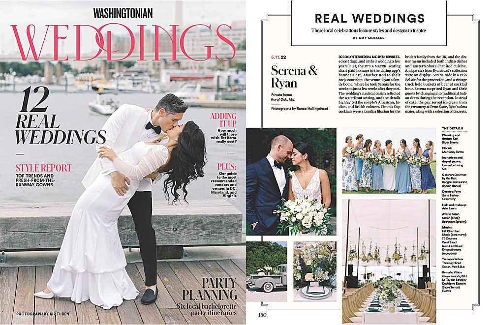 2023 Summer Washingtonian Weddings edition featuring Serena and Ryan's private estate wedding with destination film wedding photographer, Renee Hollingshead and Kari Rider Events