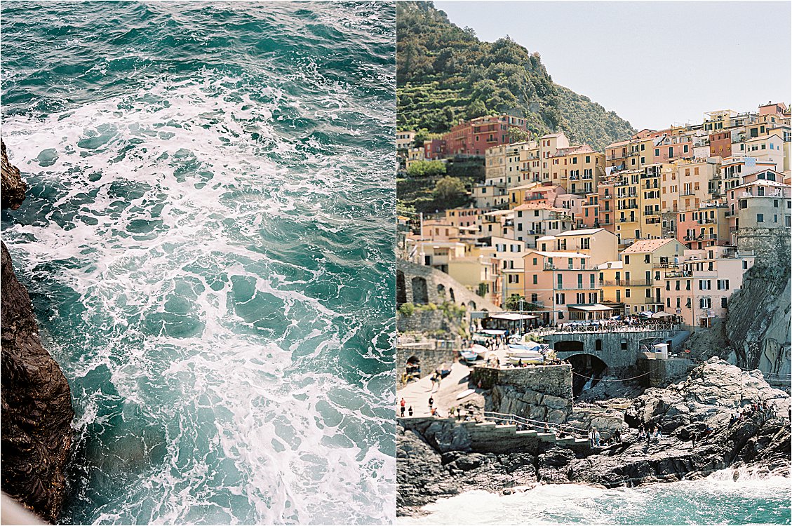 Waterfront in Manorola, Cinque Terre, Italy on film with destination wedding film photographer Renee Hollingshead