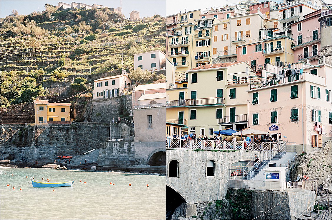 Waterfront in Vernazza, Cinque Terre, Italy on film with destination wedding film photographer Renee Hollingshead