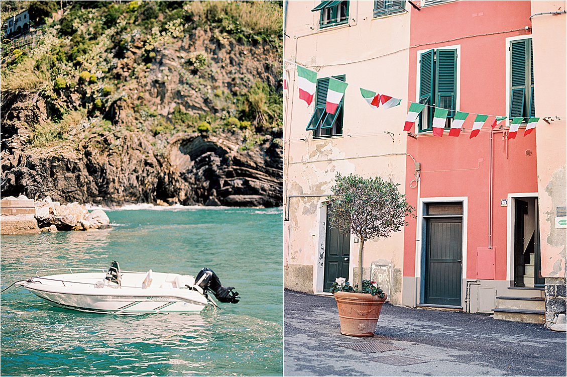 Waterfront in Vernazza, Cinque Terre, Italy on film with destination wedding film photographer Renee Hollingshead