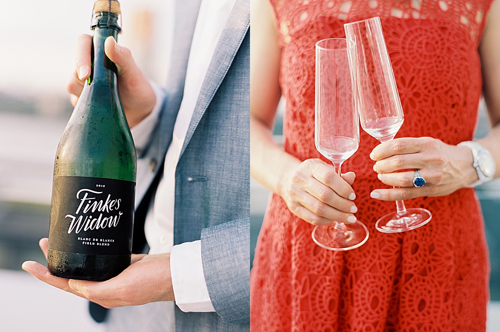 Chilled wine and champagne glasses for rooftop NYC engagement session