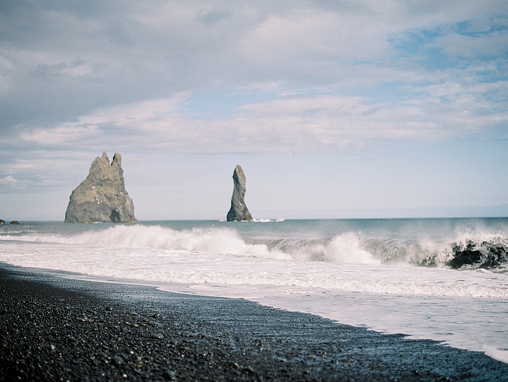 Coast at Vik Black Sand Beach in Iceland on film with destination wedding photographer Renee Hollingshead
