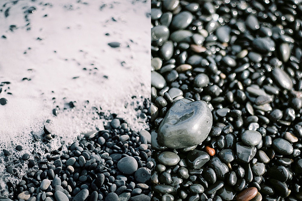 Pebbles at Vik Black Sand Beach in Iceland on film with destination wedding photographer Renee Hollingshead