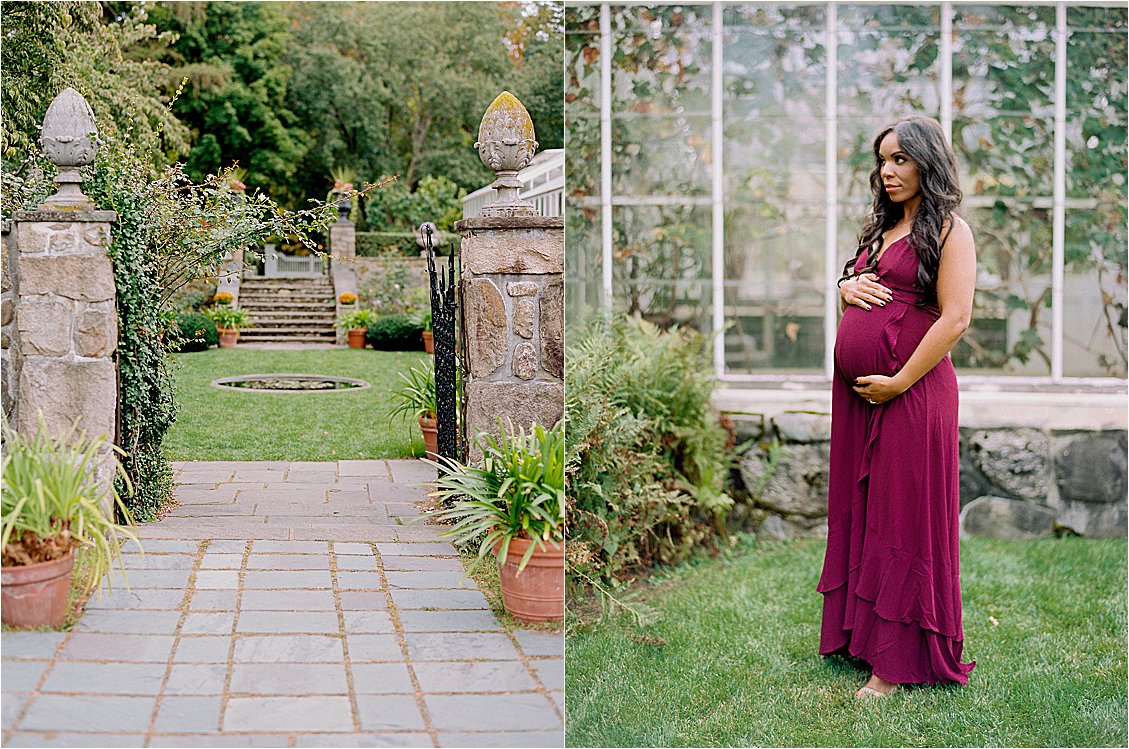 Garden Maternity session at Stevens-Coolidge House with destination film photographer Renee Hollingshead