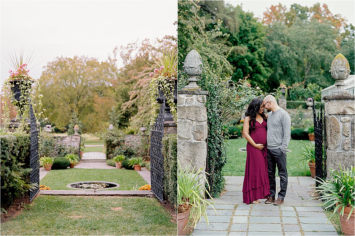 Outdoor fall Maternity session at Stevens-Coolidge House with destination film photographer Renee Hollingshead