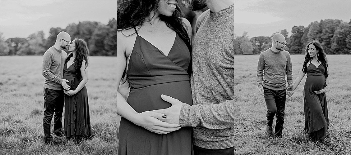 Black and white images of fall Massachusetts maternity session with film photographer Renee Hollingshead