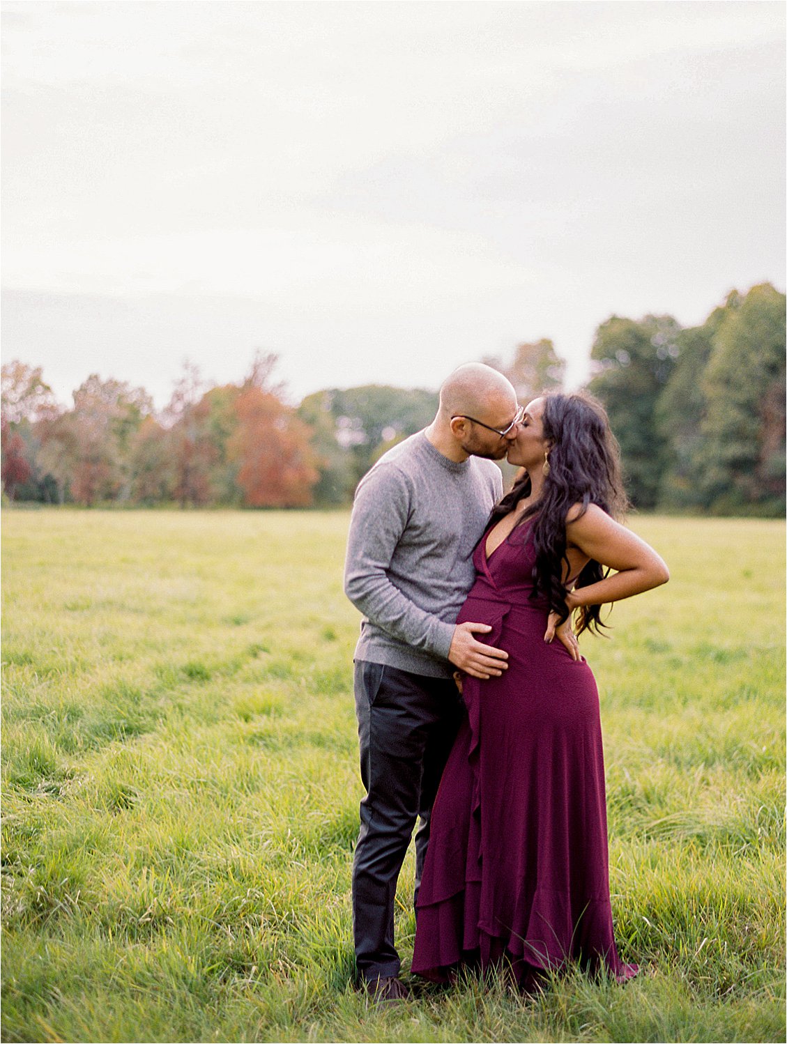 Fall Maternity session in an open field with destination film photographer Renee Hollingshead