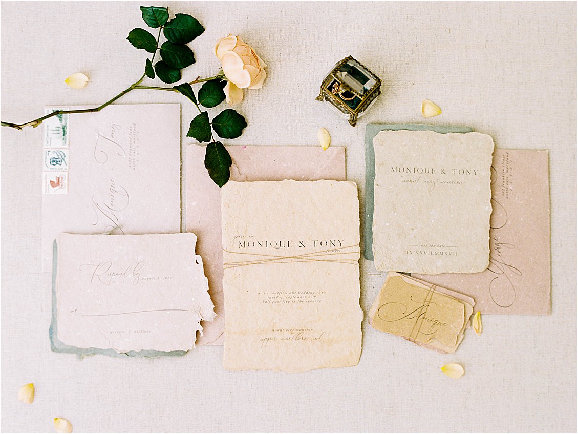 Calligraphy wedding invitations on earth toned hand torn paper by film wedding photographer Renee Hollingshead