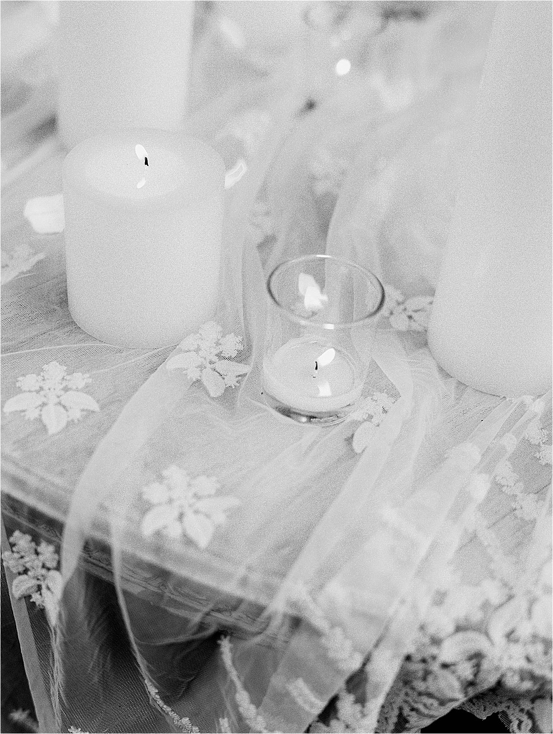 Lace sheer linen and candles for al fresco dinner reception 