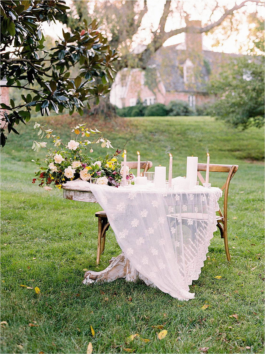 Wedding reception under a magnolia tree in Maryland Vow Renewal on film with Renee Hollingshead