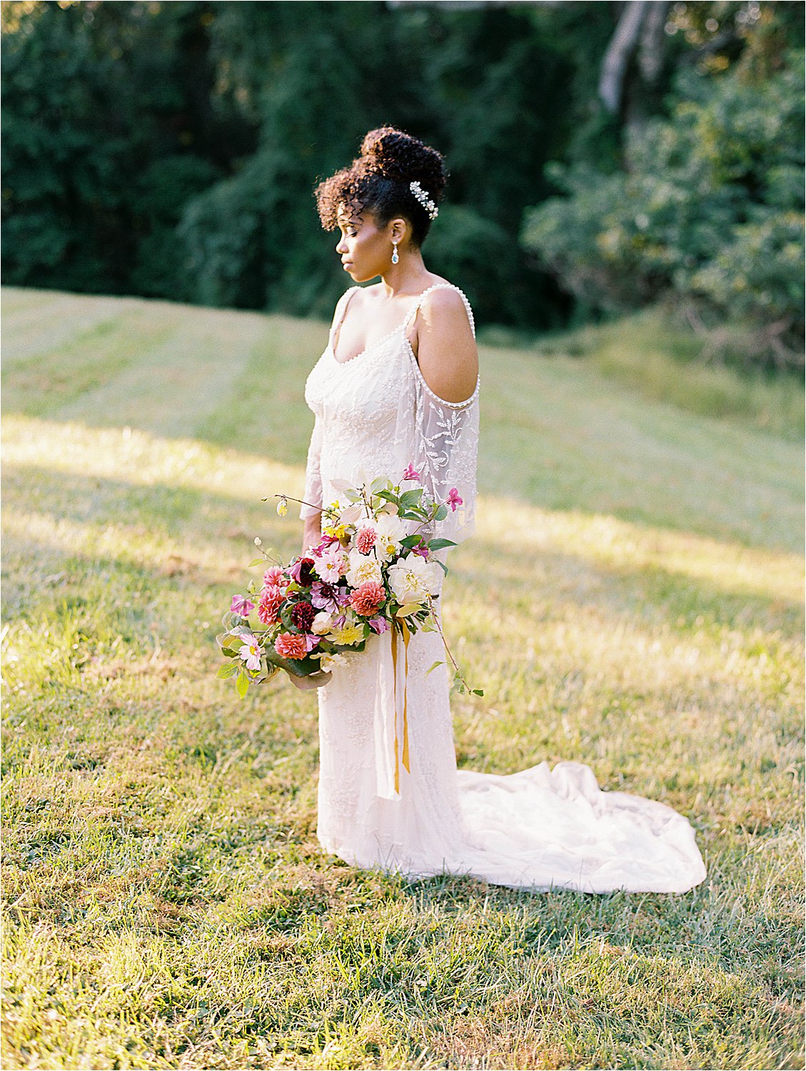 Bride in blush beaded Theia Couture wedding gown for vow renewal on film with Renee Hollingshead