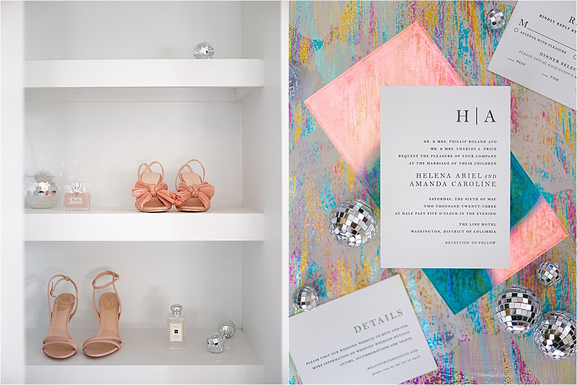 Iridescent garden disco spring wedding invitation suite and bride's details
