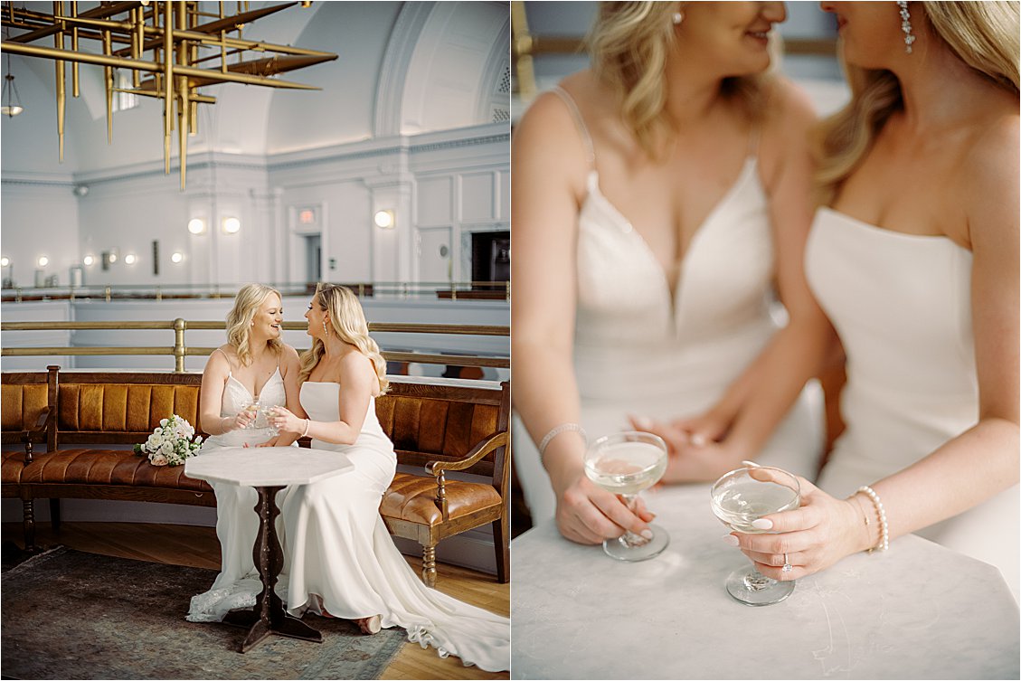Brides sharing a cocktail in the chic, modern Line Hotel DC mezzanine. An old church turned into a hotel and wedding venue