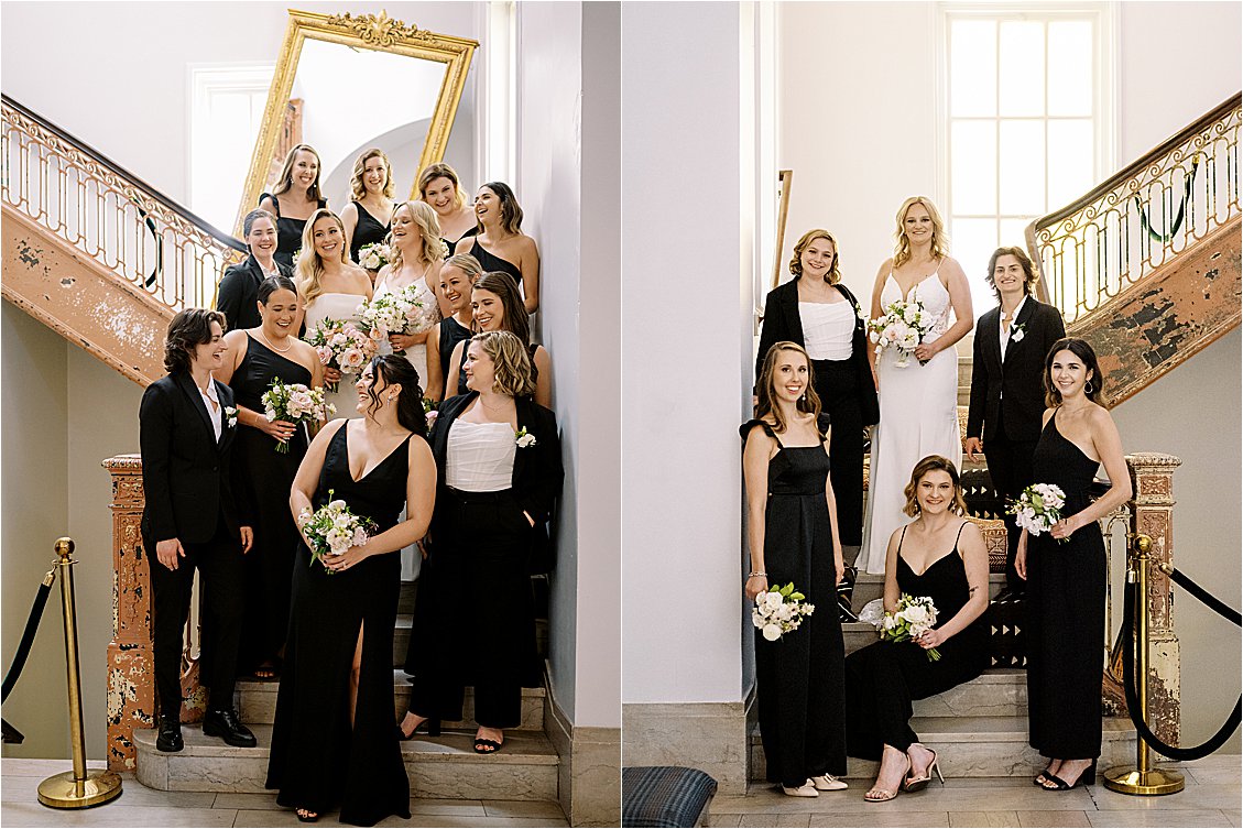 Two brides and their wedding party in all black attire
