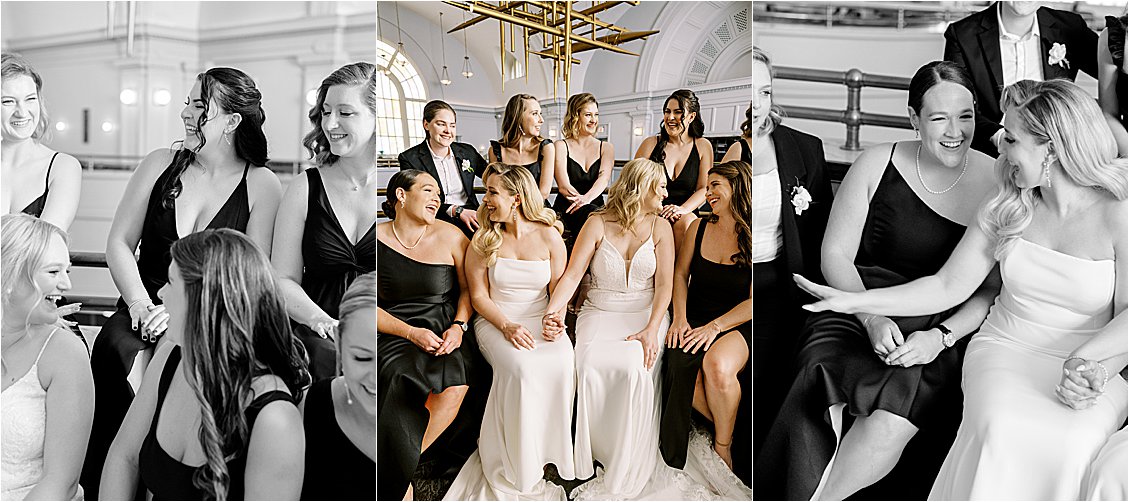 Two brides and their wedding party in all black attire