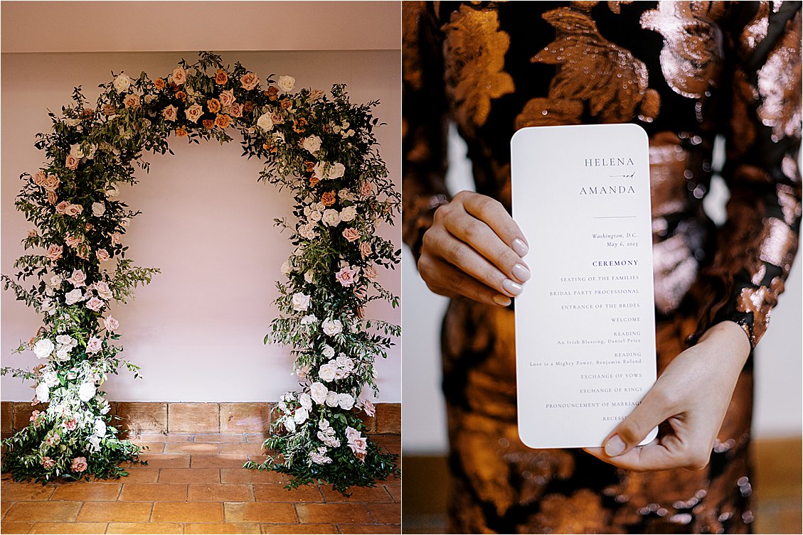 Garden-inspired floral arch for a Modern Spring Wedding at The Line Hotel DC with film wedding photographer Renee Hollingshead