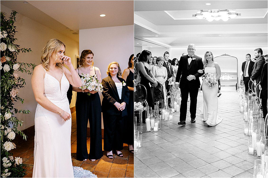 Bride's reaction to her bride walking down the aisle at Spring DC Wedding at The Line Hotel
