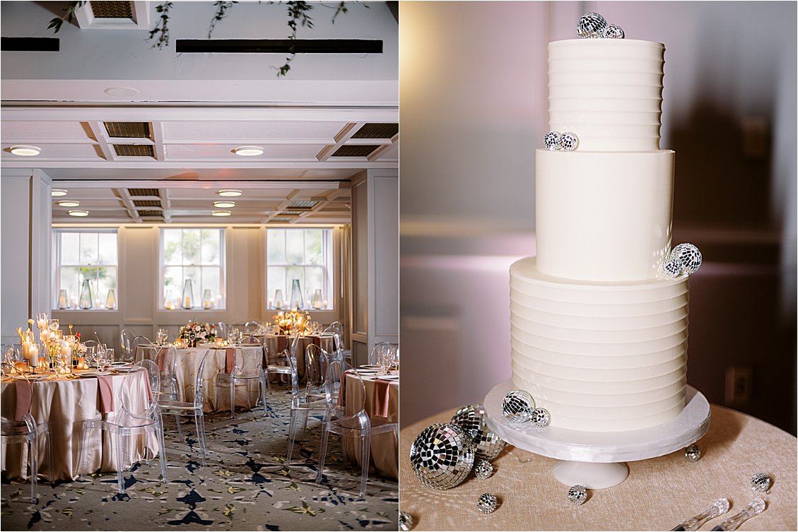 Spring wedding at The Line Hotel in DC with Ida Rose Events and film wedding photographer, Renee Hollingshead featuring a three-tiered buttercream wedding cake with mini disco balls