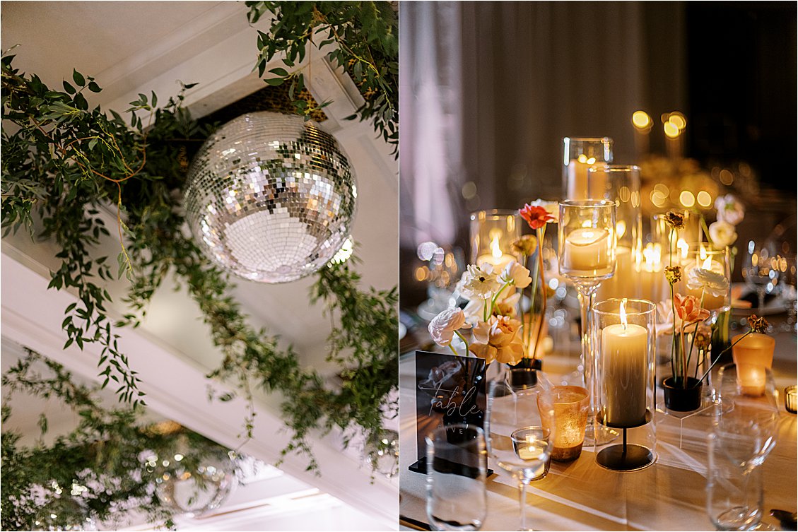 Greenery and Disco Ball hanging installation at modern garden-inspired wedding in Washington DC filled with candelight and iridescent details